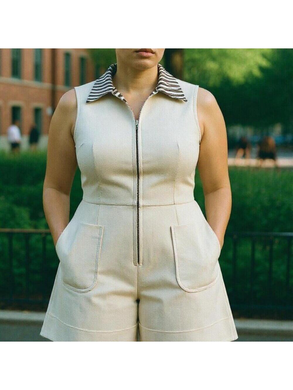 Vintage Sunny South Fashions Mod Romper Cream Brown Stripe Size 16
